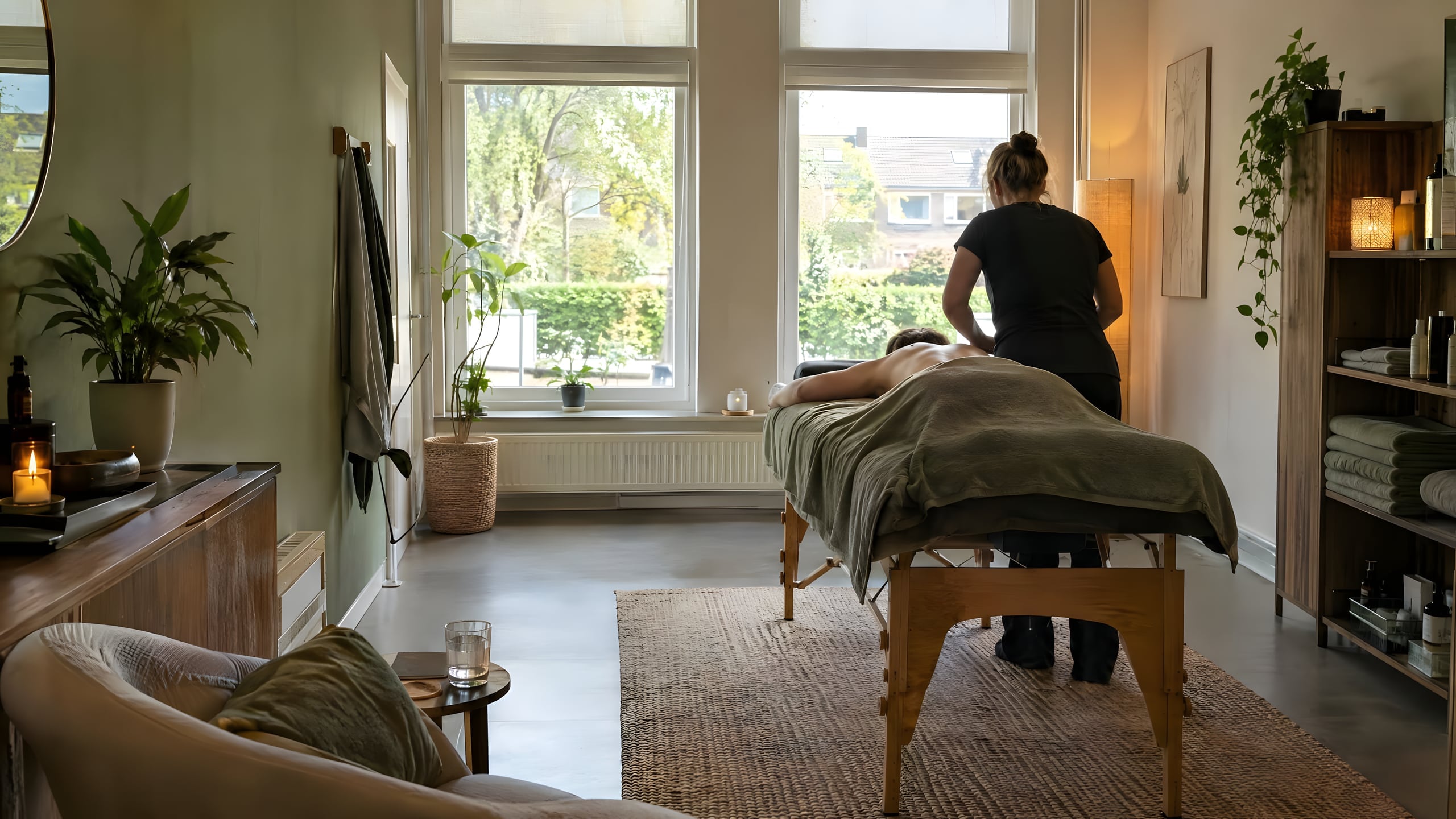 Behandelkamer met daglicht, een massagetafel onder een olijfgroene doek, planten en opgevouwen handdoeken.